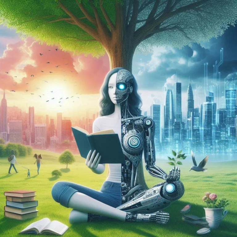 um-mulher-metado-robo-lendo-um-livro-abaixo-de-uma-sombra-de-uma-arvore